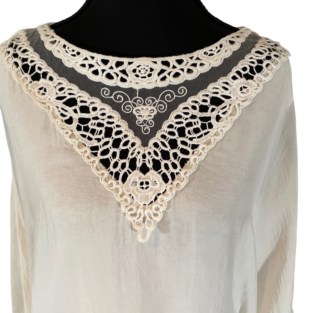 Carla Conti Italy Silk Blouse Womens Medium Cream Crochet Lace V-Neck Top Flowy - Picture 2 of 8